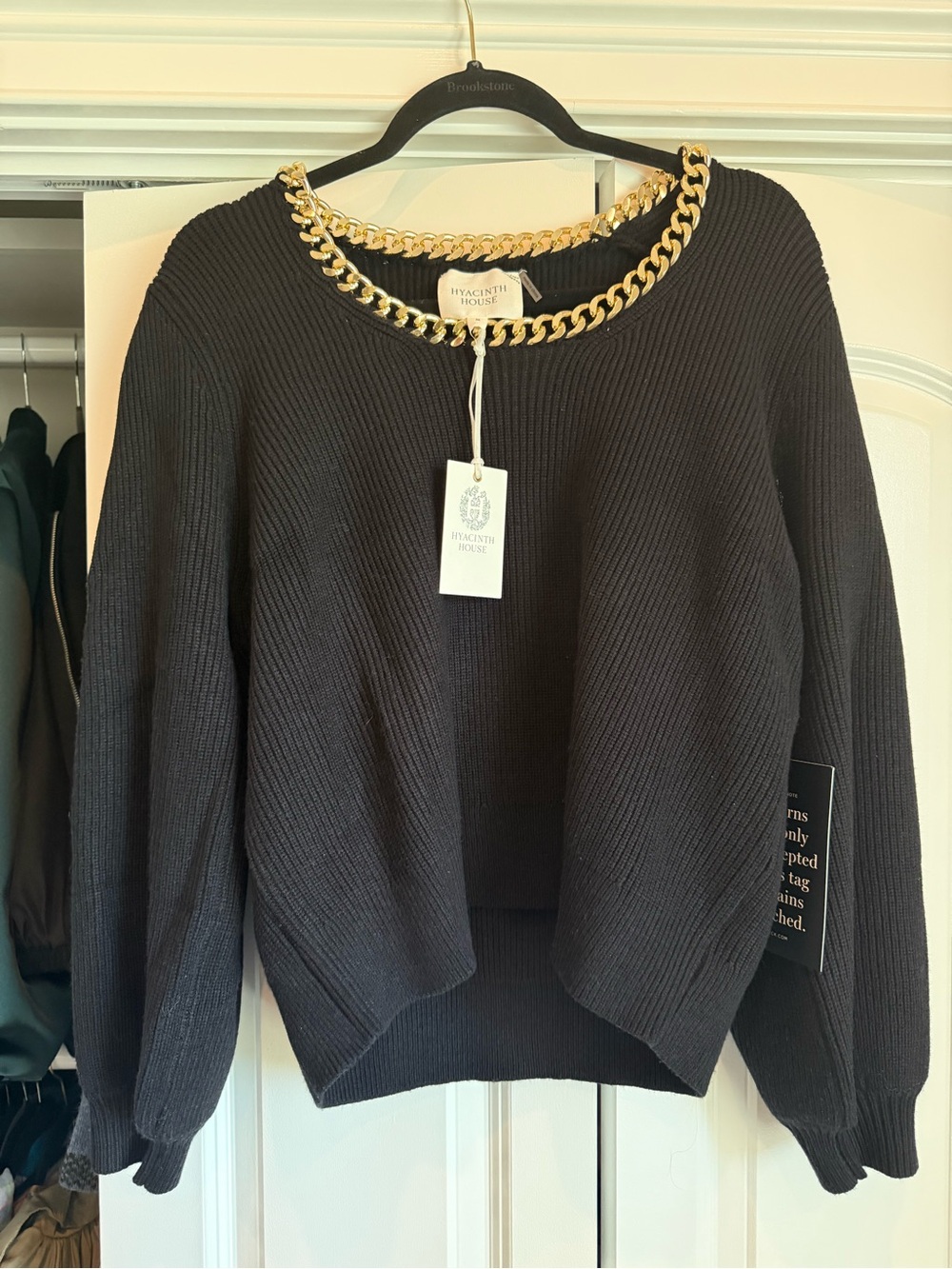 Hyacinth House Black Crewneck Sweater with Gold Chain